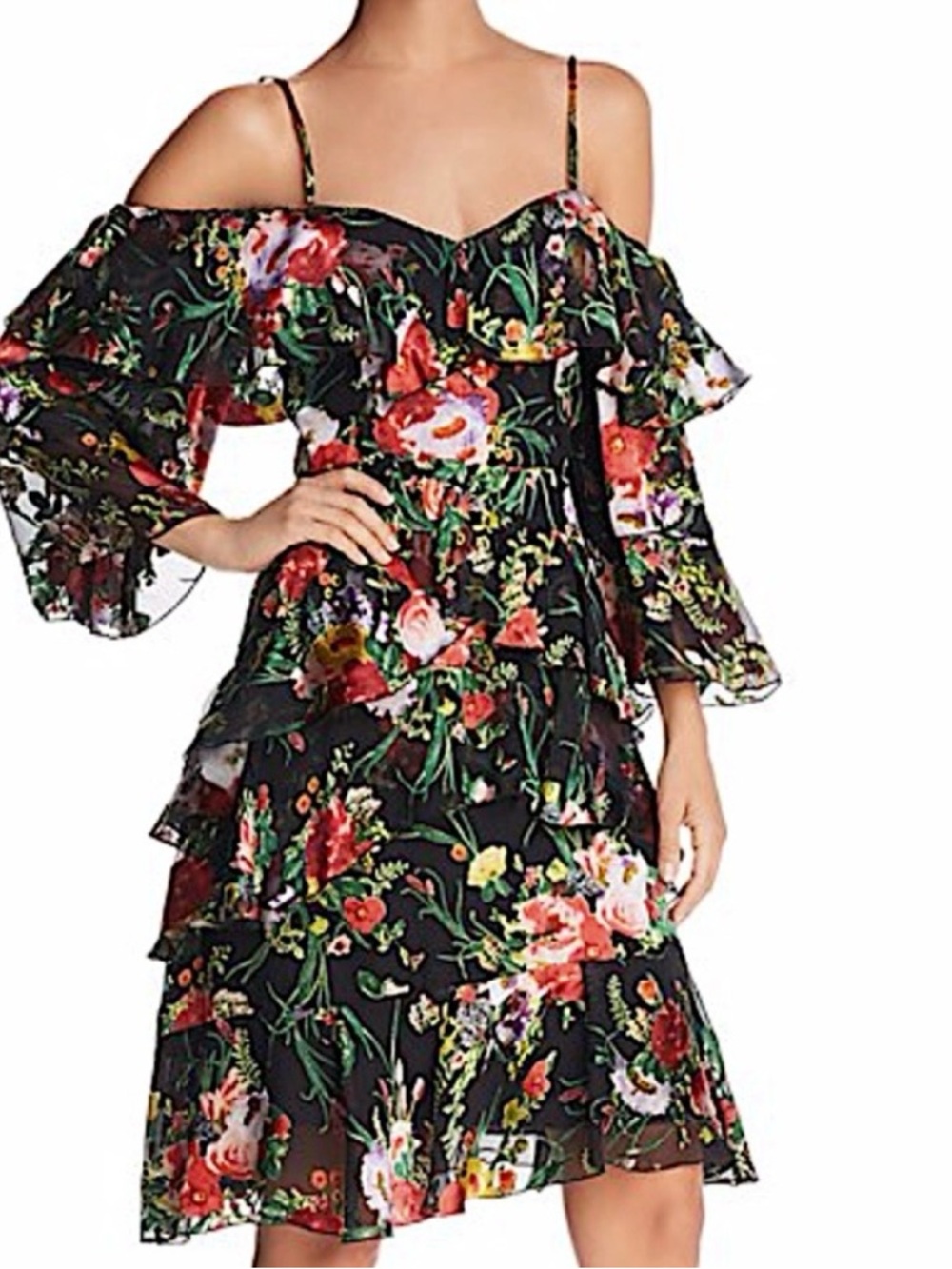 NWT ✨ Alice + Olivia Silk Blend Floral Ruffle Off Shoulder Dress